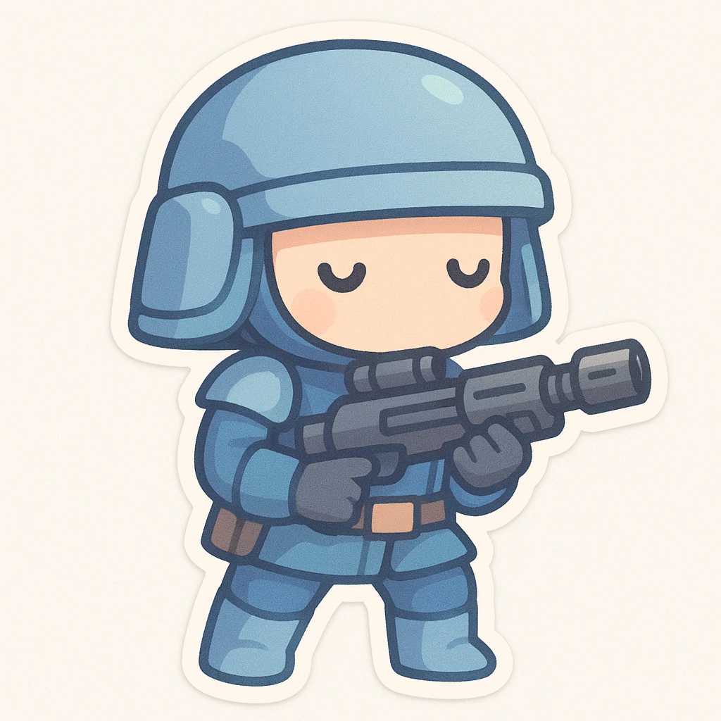 chibi sticker of a sci-fi soldier in a mostly blue uniform, holding a futuristic blaster, cute proportions, pastel colors, white background emoji