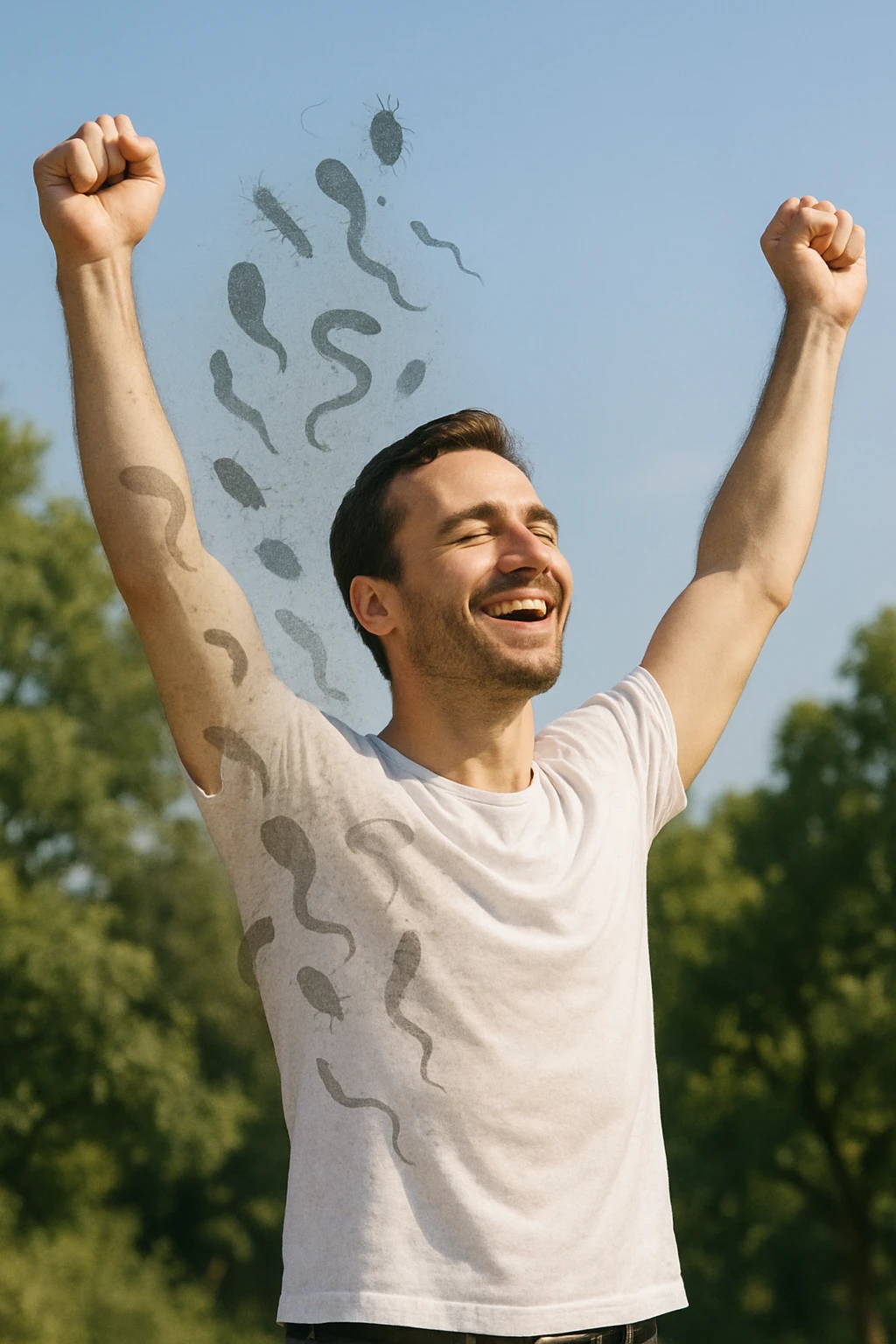 a man stands outdoors in bright sunlight, arms raised in relief and joy, while faint, shadowy silhouettes of parasites fall away from his body and dissolve into the air. His posture is upright and energetic, his expression serene and healthy. The background features green trees and a clear sky, emphasizing liberation and restored well-being. emoji