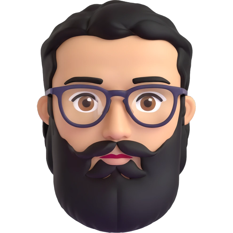 man with medium black beard, black hair, connected eyebrows, olive tan skin, brown eyes, and glasses emoji