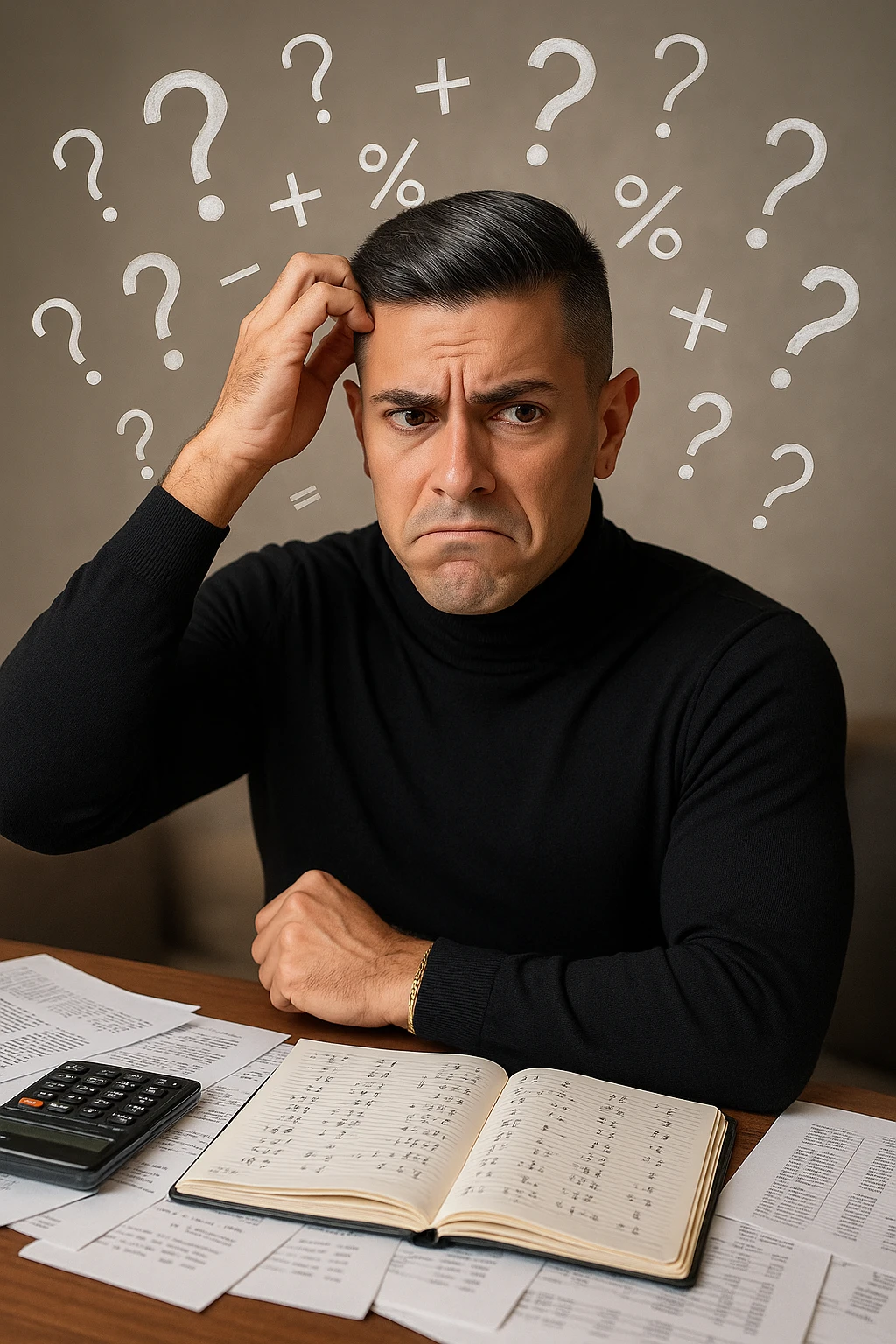 a man sits at a desk cluttered with papers, a calculator, and a notebook filled with numbers and equations. He scratches his head, eyebrows furrowed in confusion, while mathematical symbols and question marks float around his head. The background is softly blurred, emphasizing his puzzled expression. emoji