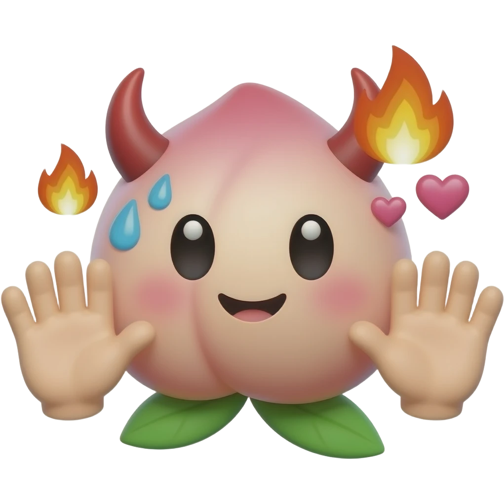 A glossy 3D peach emoji sticker between two cute cartoon hands, cheeky blushing face, tiny devil horns, sweat drops, hearts and flames, playful forbidden fruit humor, suggestive adult emoji style, clean transparent background, soft shadow, high quality, no text, no watermark, non-explicit emoji