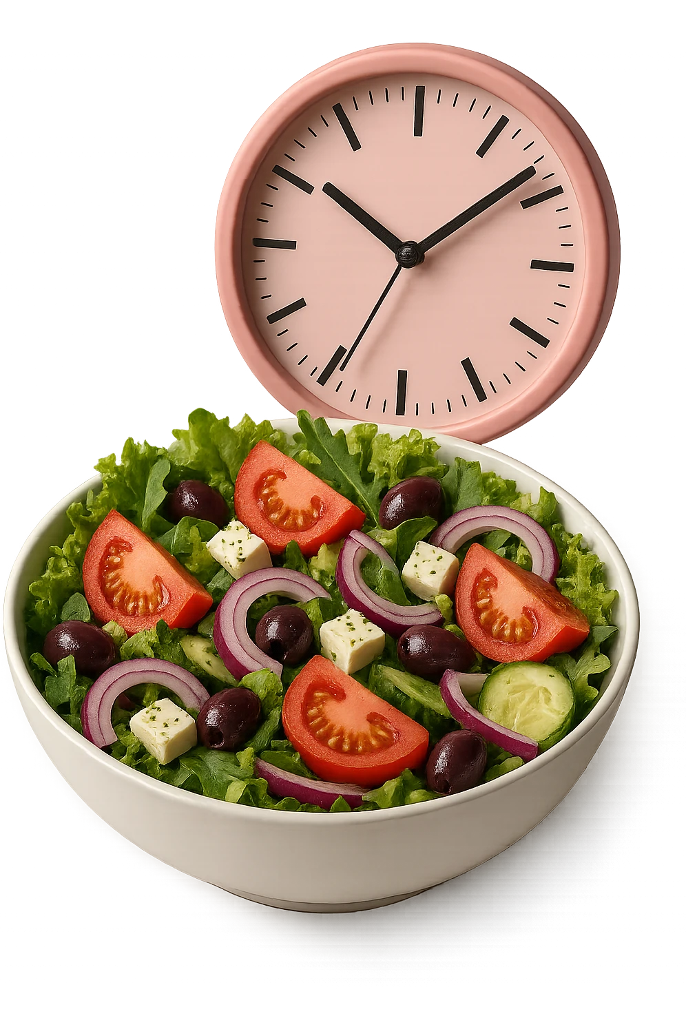 bowl con insalatona e orologio da muro rosa che le fluttua dietro che simboleggia una cena fatta in ritardo iperrealistici emoji