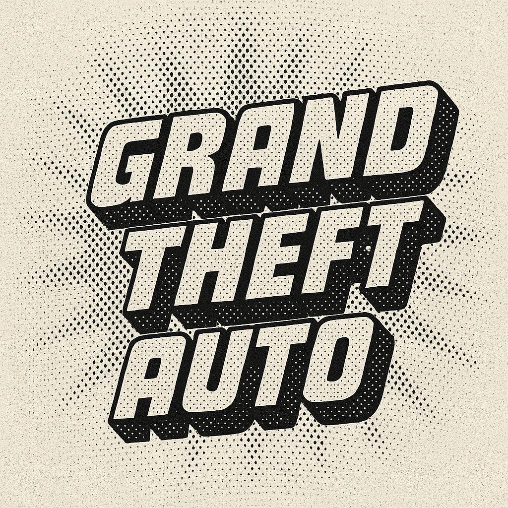 the words 'Grand Theft Auto' in a bold, blocky, black-and-white style, inspired by the classic Grand Theft Auto video game logo, with a slight 3D effect and thick outlines emoji