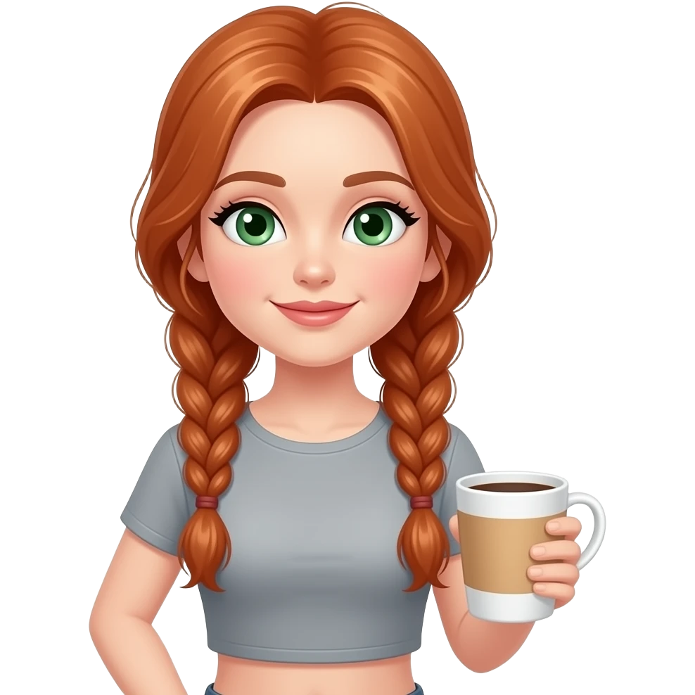 A redhead girl with long braided hair and green eyes, wearing a gray cropped top and a cup of coffee emoji