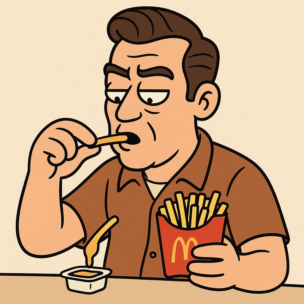 Side oil head brown shirt beige shirts  eating mcdonalds fries some sauce emoji