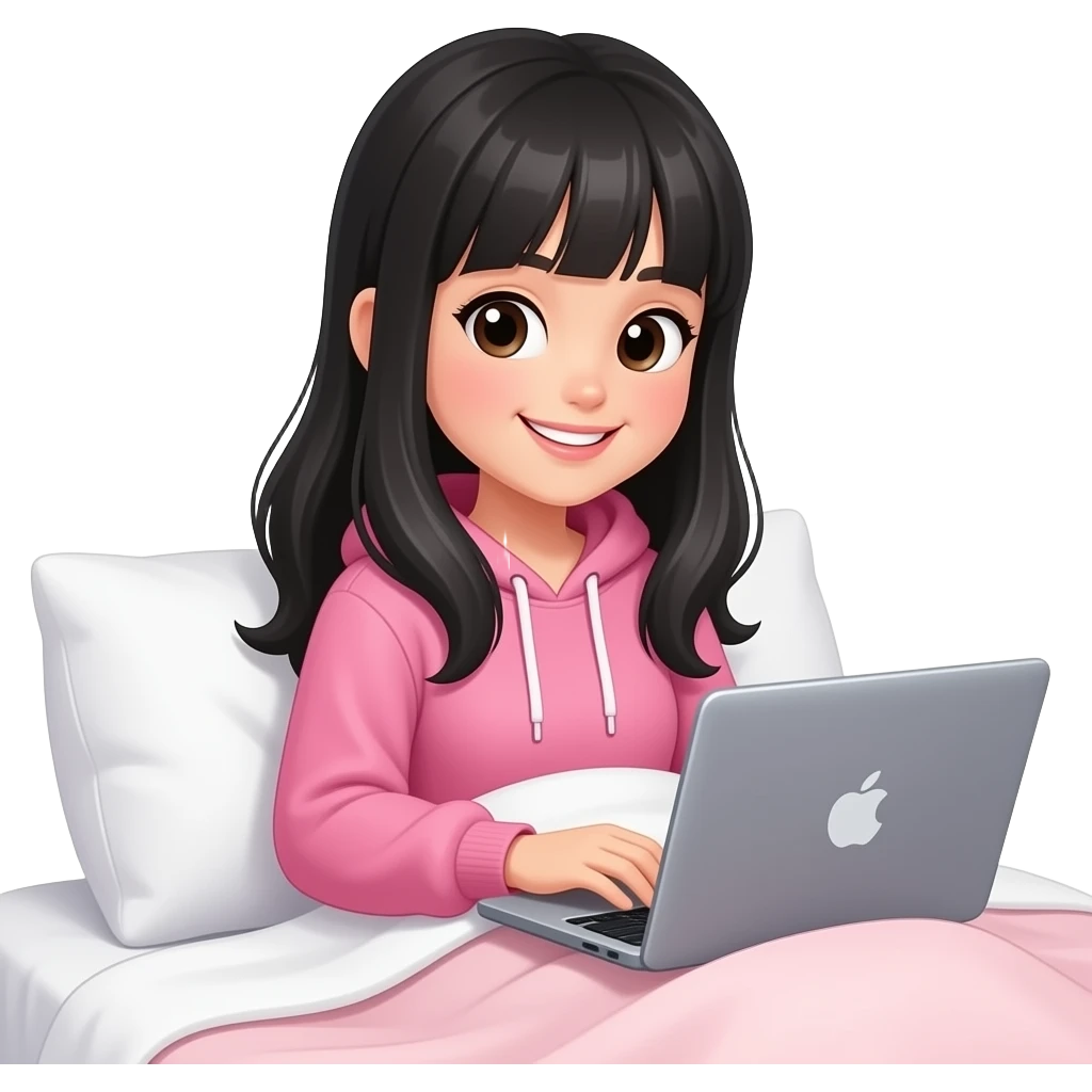with bangs, smile, pink hoodie,super long black hair with laptop feels cozy in bed emoji