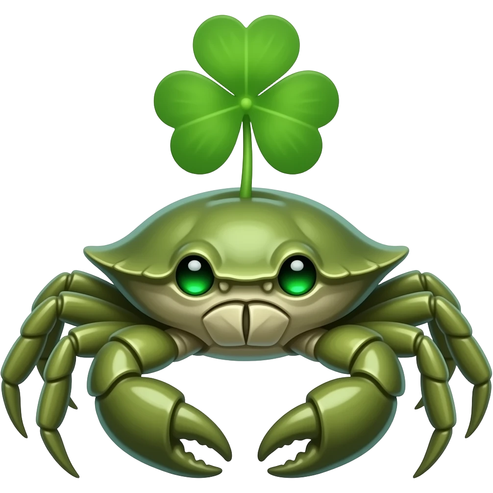 A green crab with a green  clover growing on its back on its back green eyes glowing eyes facing forward emoji