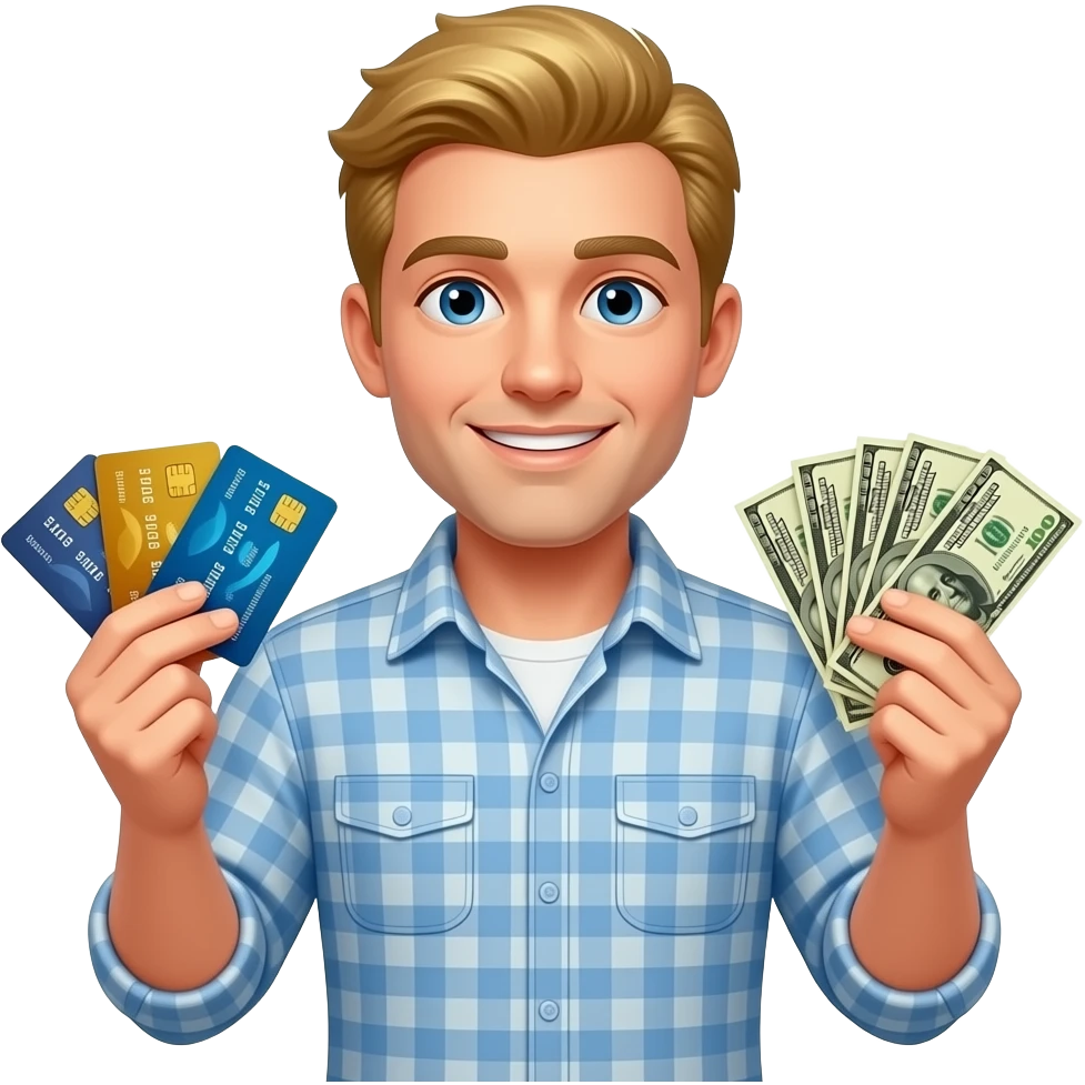 a blonde guy with 5 credit cards in his right hand and dollars in his left hand emoji