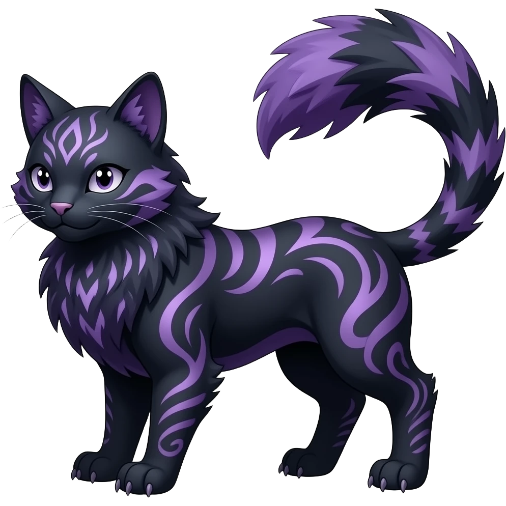 Realistic dark black purplish blackish edgy fantasy ethereal feline-vernid-sergal-monster-furret-Lycanroc-umbreon-fursona-animal-creature, full body with intricate markings emoji