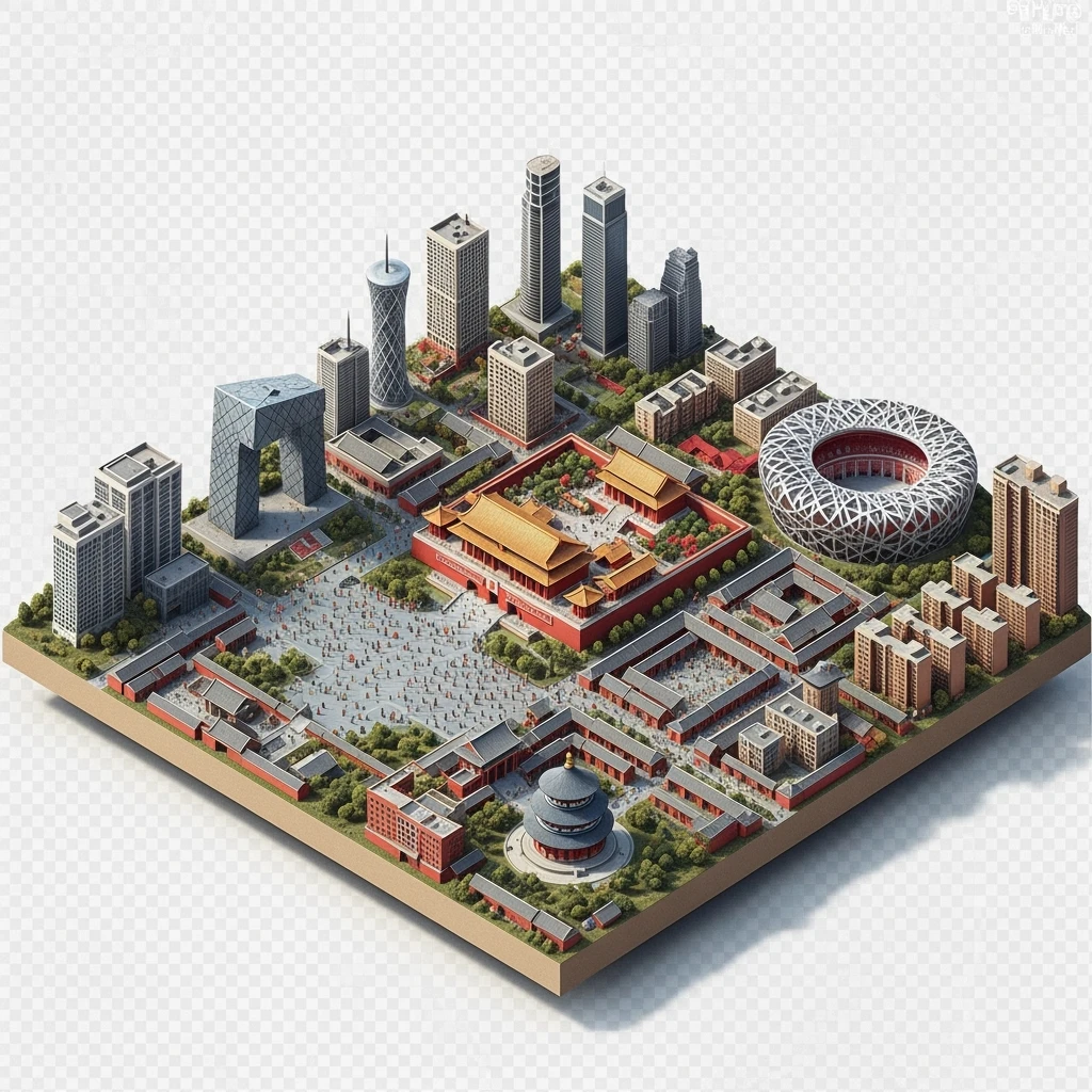 Isometric miniature of Beijing Forbidden City, Tiananmen Square, CCTV Headquarters, Temple of Heaven, Bird’s Nest Stadium and crowded hutong alleys, sprawling apartment blocks, 3D miniature effect and Tilt Shift effect, no cartoonish look, transparent background. emoji