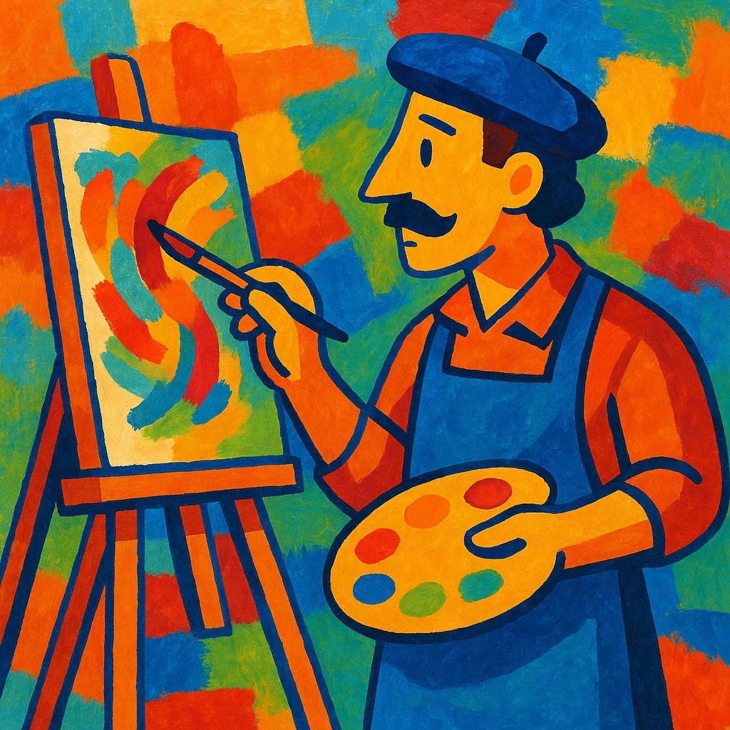 a professional painter, impressionist style, painting at an easel, vibrant colors, wearing an apron emoji