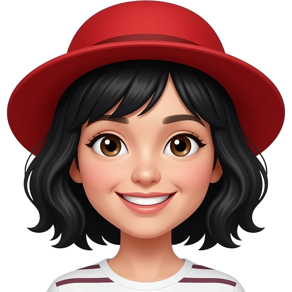 red hat, black wavy short hair, smiling cute young woman emoji