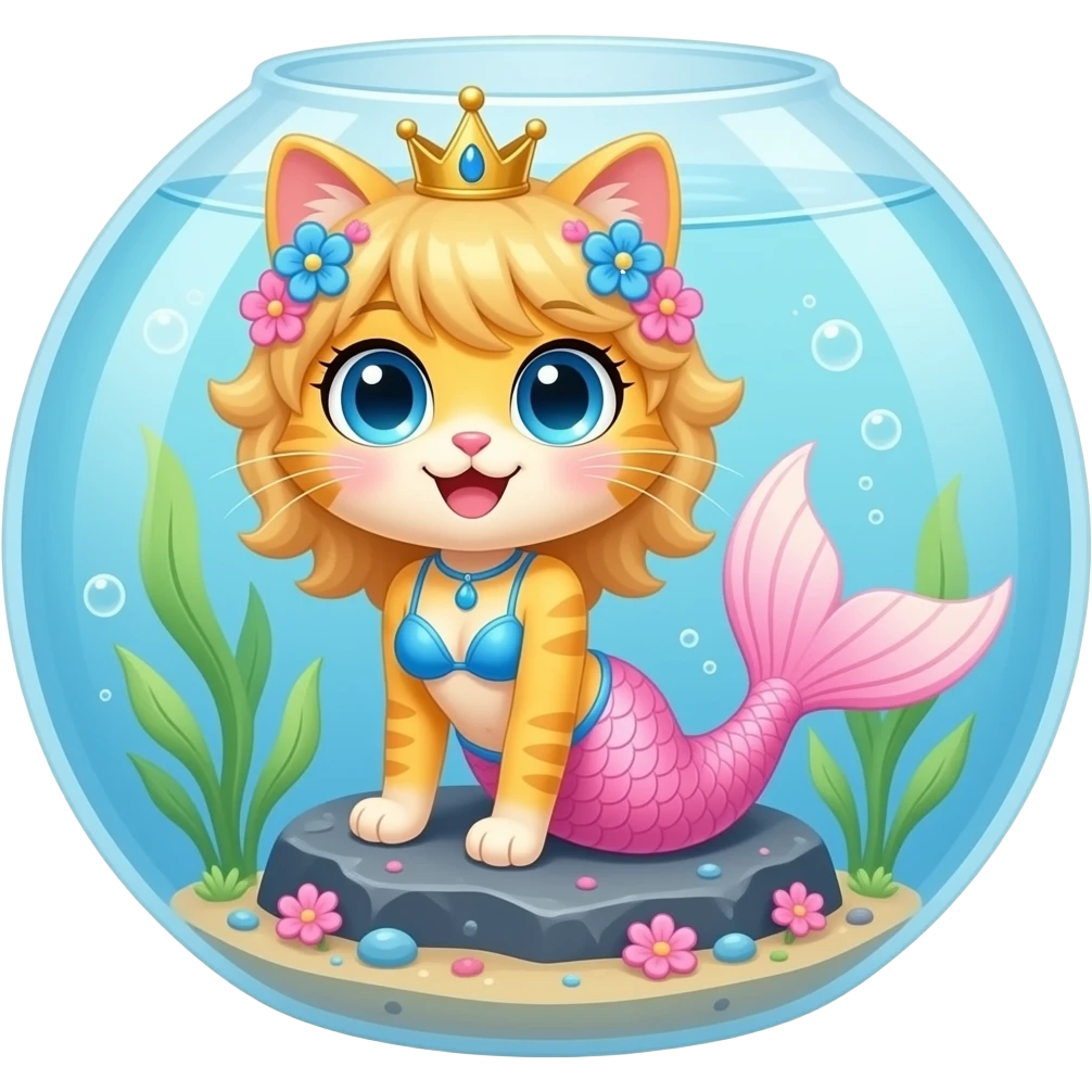femboy yellow cat furry happy  blue eyes with blue with pink flowers and crown hair blue bikini top  pink mermaid tail with light pink fins sitting on a rock  in a fish tank emoji