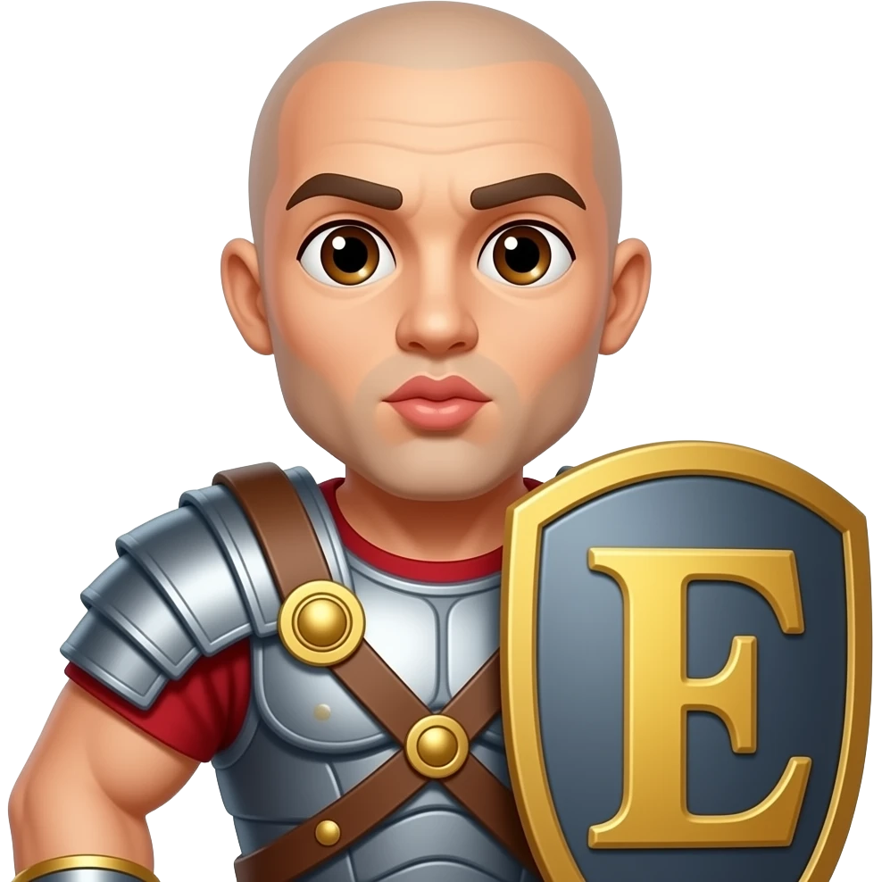 Muscular Roman soldier bald with brown eyes blowing a kiss the Letter E on the shield emoji