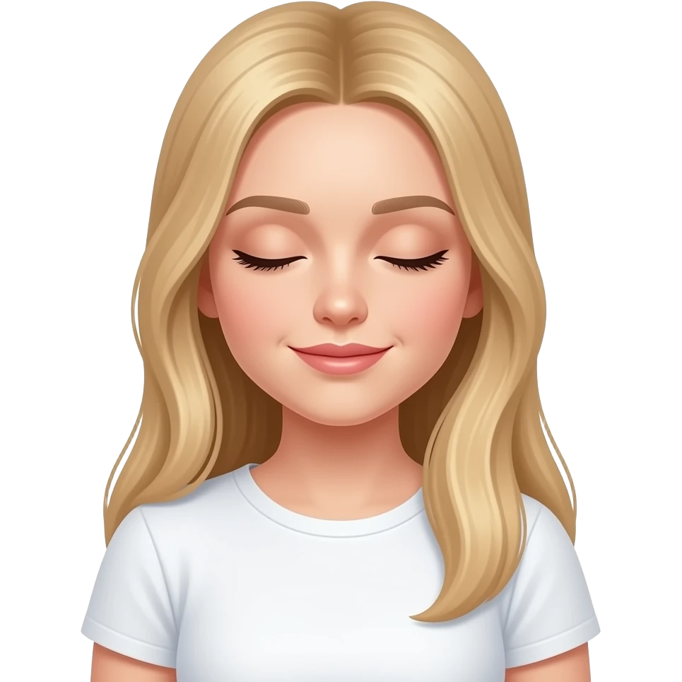 bella ragazza russa bionda capelli lisci lunghi e occhi chiari, con maglietta bianca e addormentata emoji