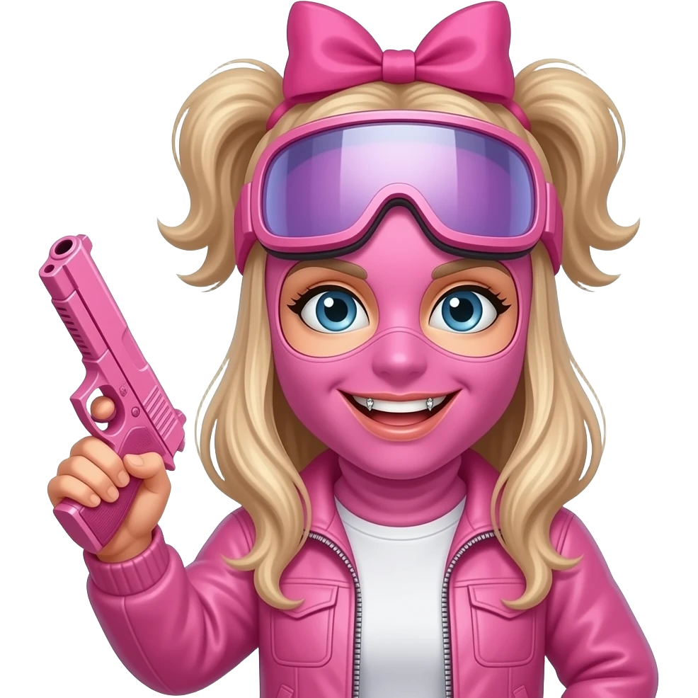 YN cunty emoji. Smiley face with pink ski mask, holding a pink gun, bow on top of the head. No goggles add sparkles and Grillz emoji