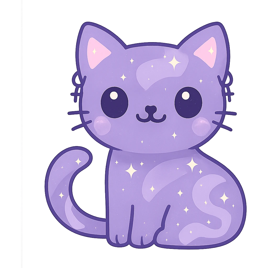 Remove the background, keep the charming purple galaxy gothic cat with earrings and transparent background, no background visible. emoji