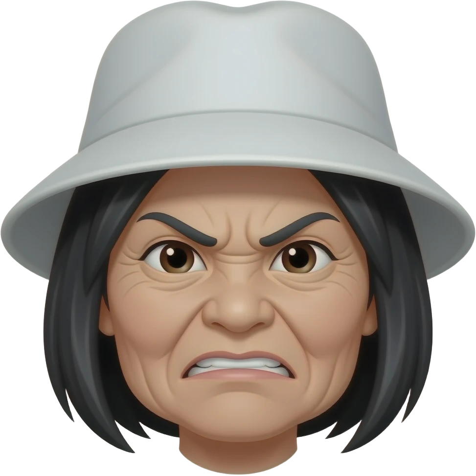 emoji of an asian angry grandma with black hair and white bucket hat emoji