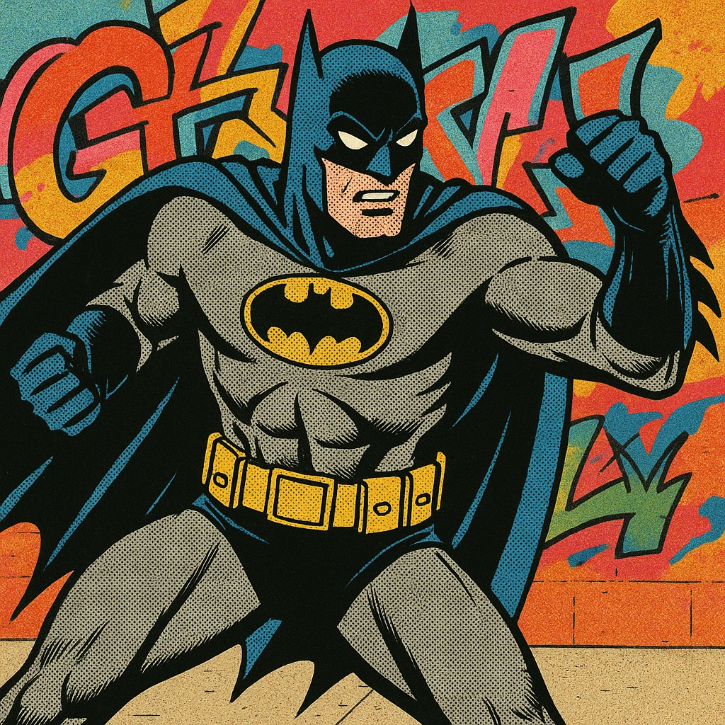 Batman in action pose, ready to fight, with graffiti background, Grand Theft Auto V (GTA 5) style emoji