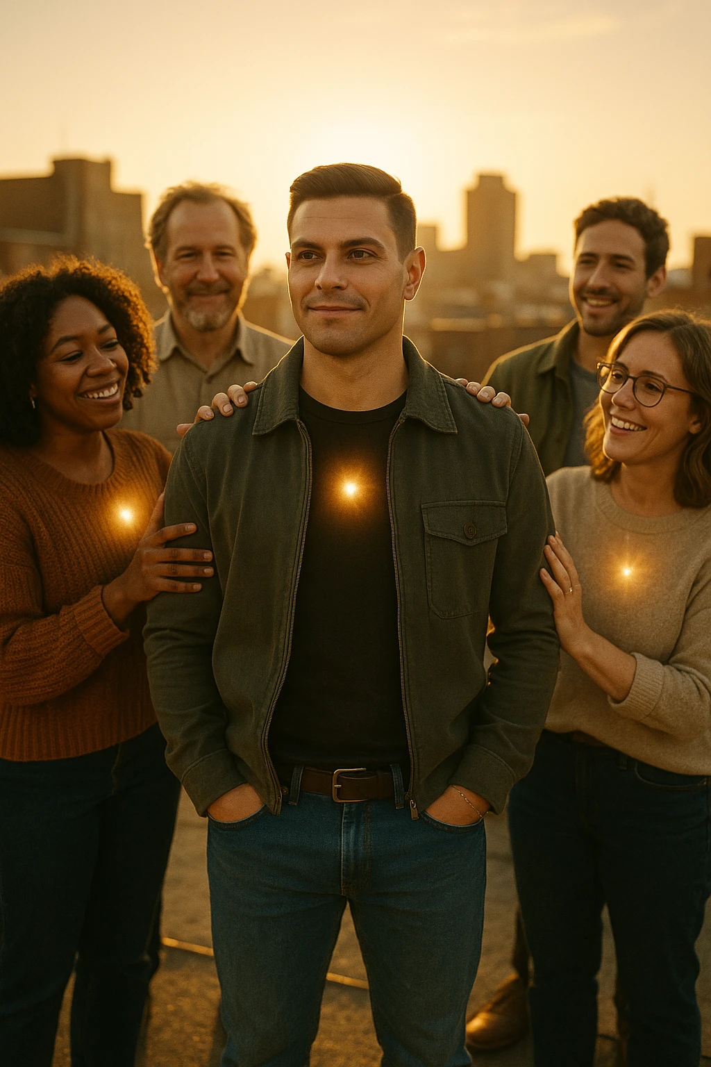 A cinematic scene of a man in his early 30s standing at the center of a sunlit urban rooftop during golden hour, surrounded by a diverse group of supportive, smiling people — friends, mentors, colleagues. They’re standing slightly behind or beside him, hands on his shoulder or gesturing toward him with encouragement. The man looks forward with a confident, inspired expression, body slightly relaxed, as if something inside di lui sta cambiando. The light behind the group forms a halo effect, emphasizing warmth and unity. Subtle visual symbolism: faint glow around their hands and hearts, suggesting their energy is uplifting him. Realistic clothing, modern style — jeans, T-shirts, casual jackets. The mood is inspiring, grounded, and full of potential. Shot in 35mm film style, with rich warm tones, shallow depth of field, and vibrant human detail. emoji