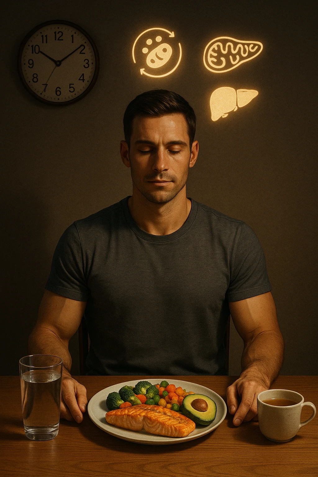 A realistic, cinematic illustration of a healthy, fit man in his early 30s with a calm, disciplined expression, sitting at a clean wooden table in the evening with a single, balanced, nutrient-dense meal in front of him (grilled salmon, colorful vegetables, avocado). The rest of the day he drinks only water and herbal tea, visible in a glass and a simple cup on the side. A wall clock in the background shows 6:00 PM, emphasizing that this is his only meal of the day (OMAD). Subtle glowing icons above him display a regenerating cell, mitochondria, and a liver symbol, representing autophagy, longevity, and health benefits of OMAD. The lighting is warm, with cinematic shadows and natural tones, creating a sense of discipline, mental clarity, and health optimization. The man looks centered and content, showing that OMAD is a conscious choice for energy and regeneration, not restrizione. The scene is realistic with slight film grain for depth emoji