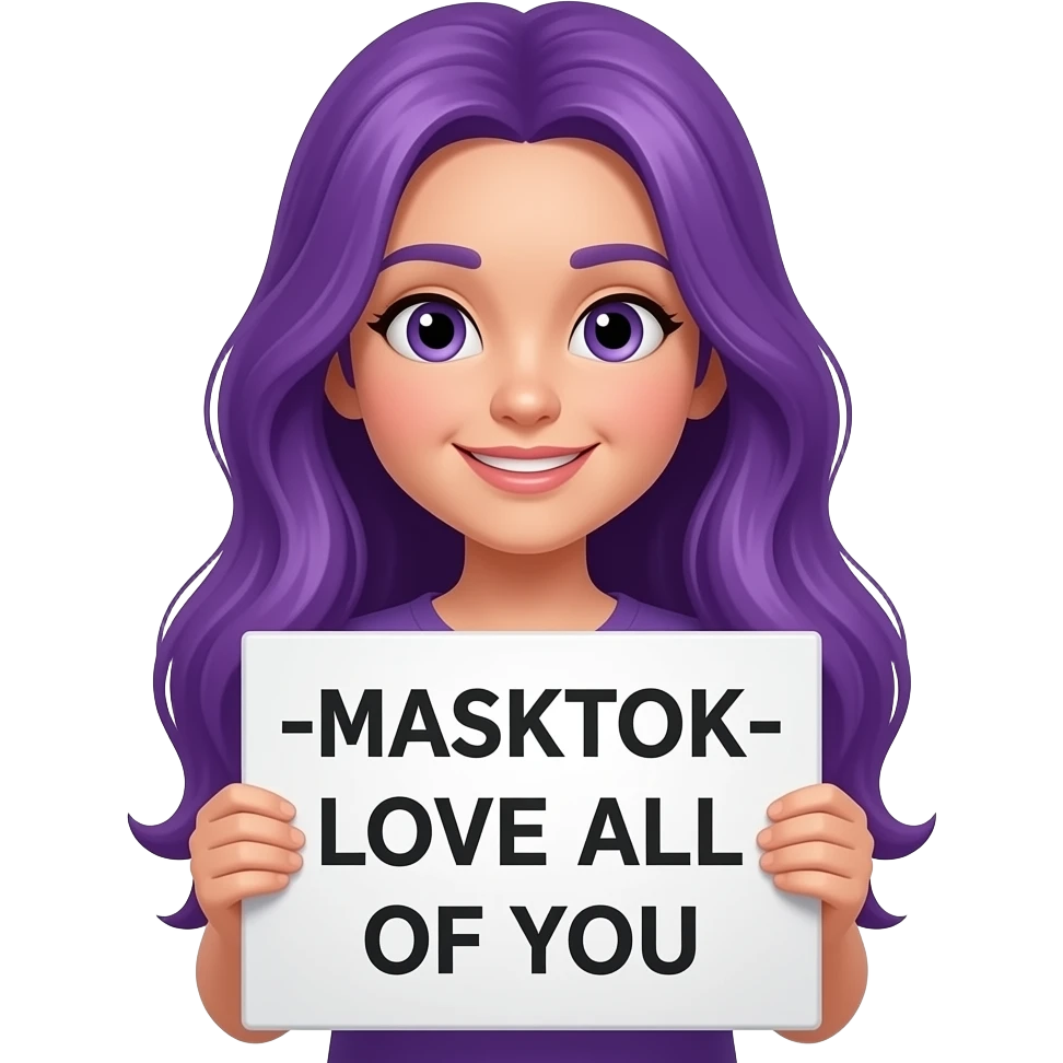 girl with long purple hair holding a -MASKTOK- LOVE ALL OF YOUsign emoji