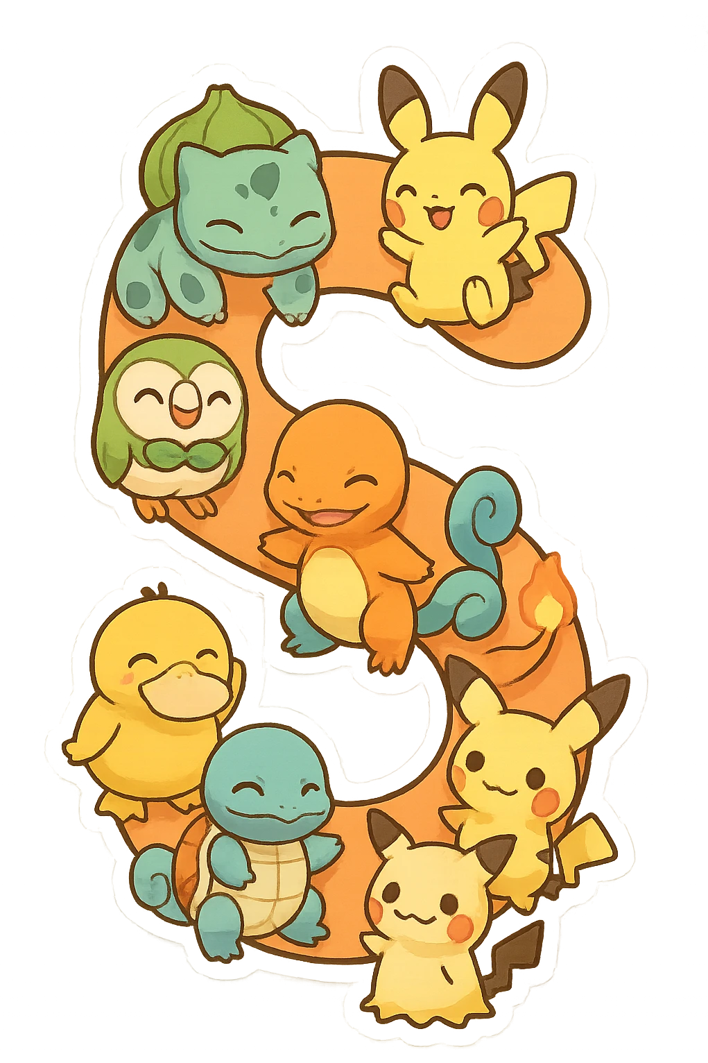 The letter S formed out of various Pokémon characters, playful and colorful style, vibrant and fun emoji