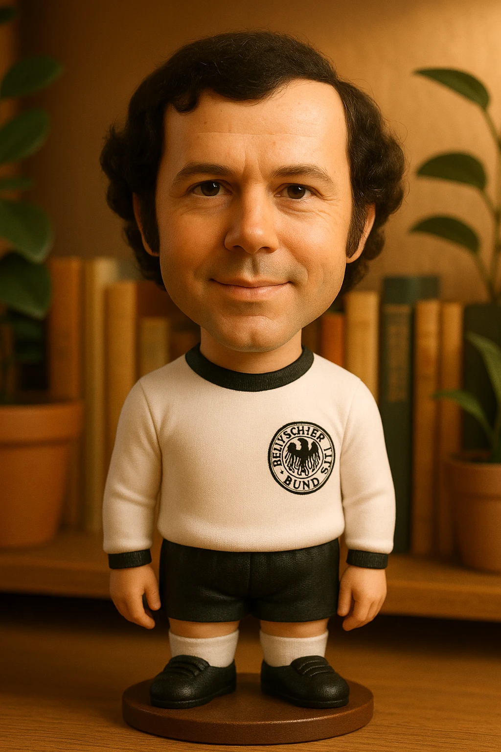 Молодой Франц Беккенбауэр в форме сборной Германии 1972 смотрит на прямо на зрителя и слегка улыбается, освещение с левой верхней стороны кадра emoji