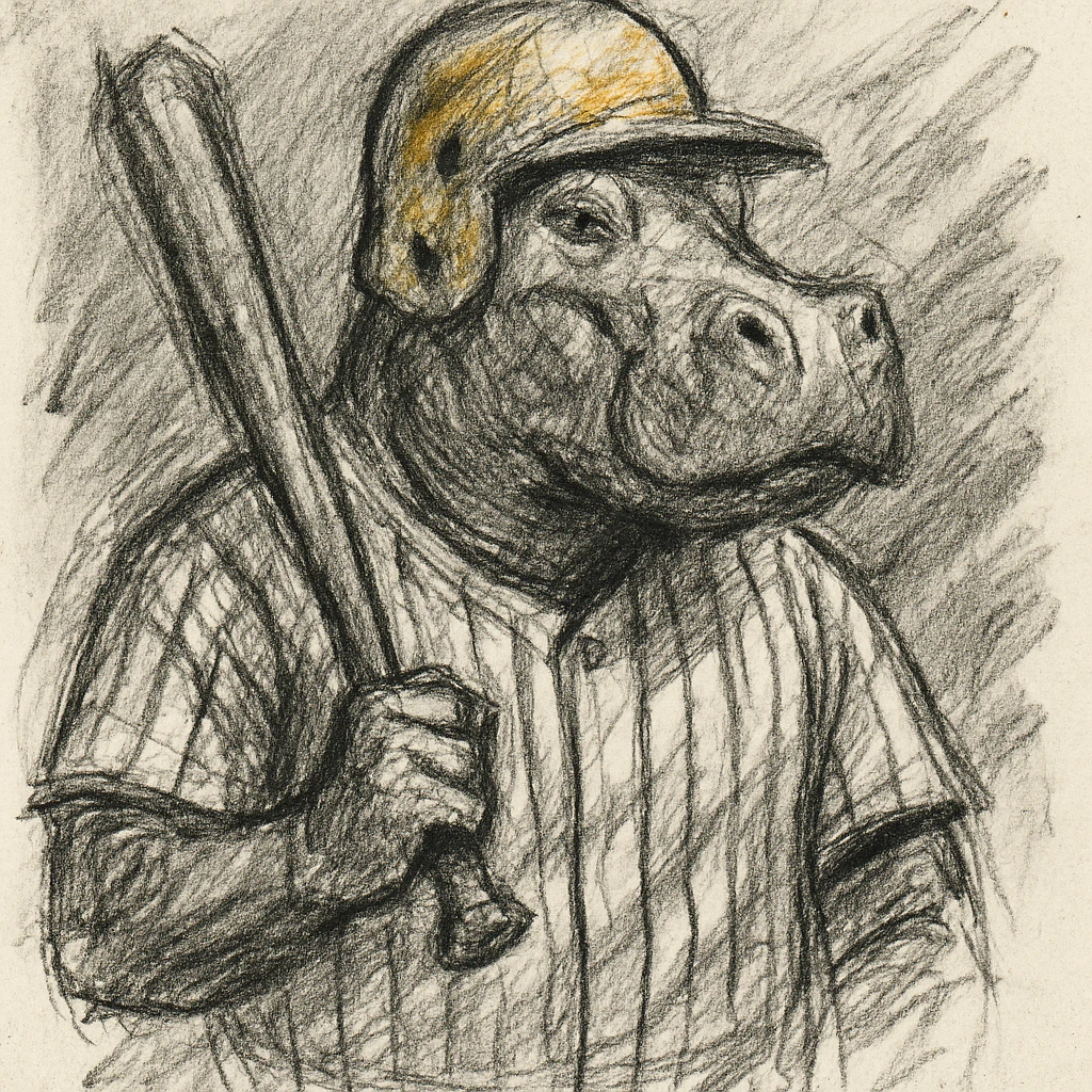 hippo holding a baseball bat, wearing a yellow helmet, pinstripes outfit emoji
