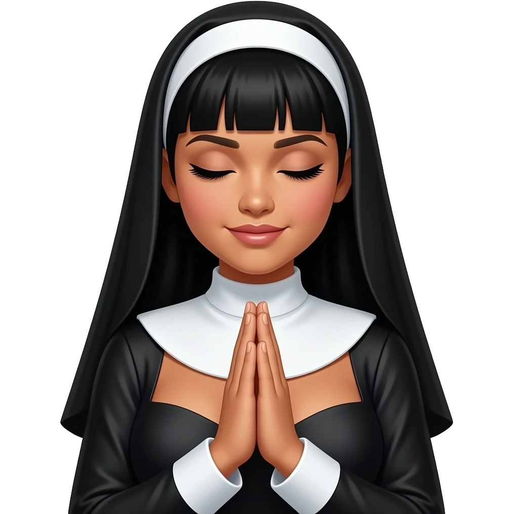 Medium Tan skin Filipino Women in sexy nun outfit with long black hair, straight across bangs dark eyebrows, curvy chest, eyes closed and long eyelashes praying With hands below chest emoji