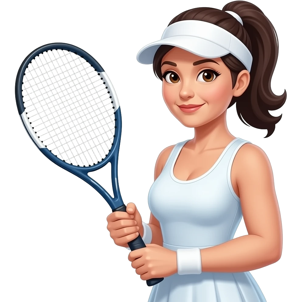 60 year old. Dark pony tail, visor. Tennis dress Bigger Tennis racket, brown eyes, bigger boobs emoji