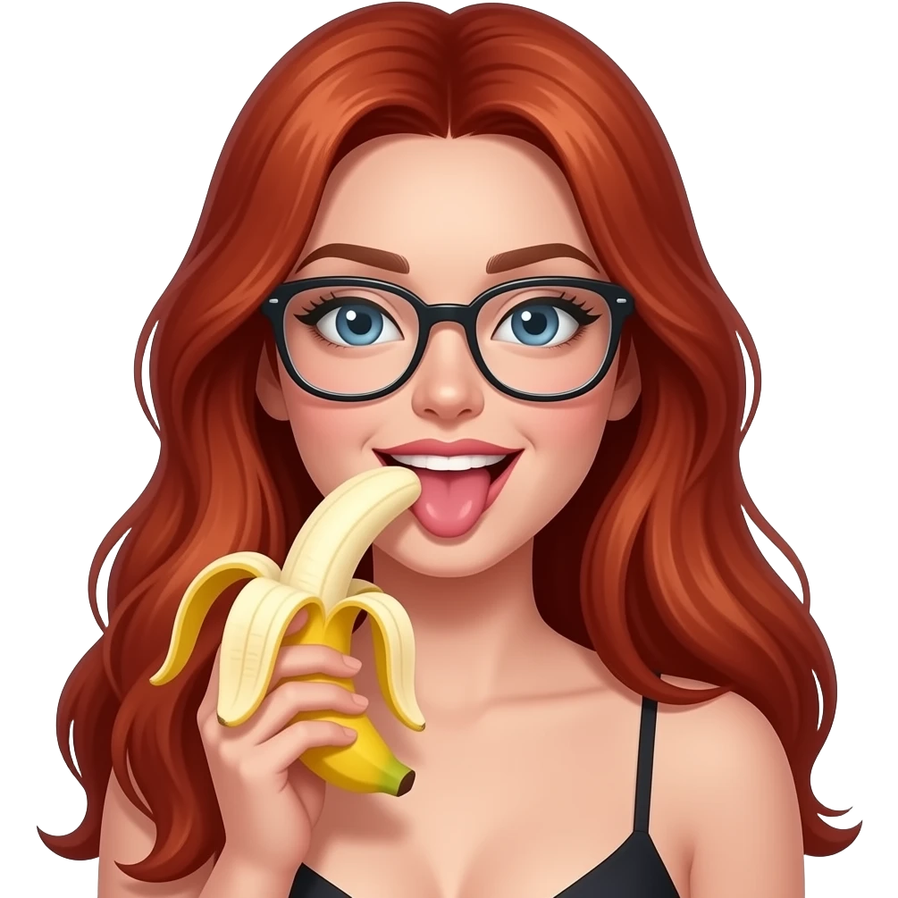lei capelli rossi lunghi con occhiali, succhi la banana in modo sensuale con la lingua mentre lecca senza reggiseno con i seni nudi emoji