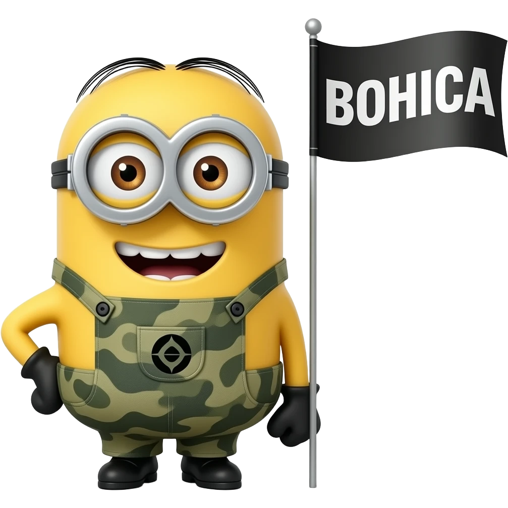 Minion in army fatigues holding Banner Text BOHICA emoji
