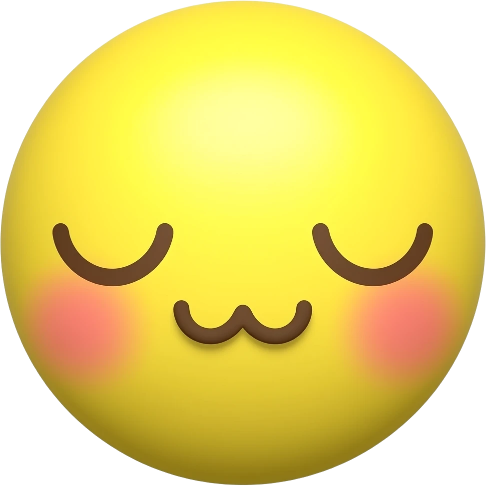 3D yellow round emoji face, eyes closed as two tiny downward 'u' curves. Mouth is a soft, wavy 'w' shape (cat-style smile). Subtle pink blush ovals on cheeks. High-res, glossy finish, minimalist aesthetic, cute and peaceful expression." emoji
