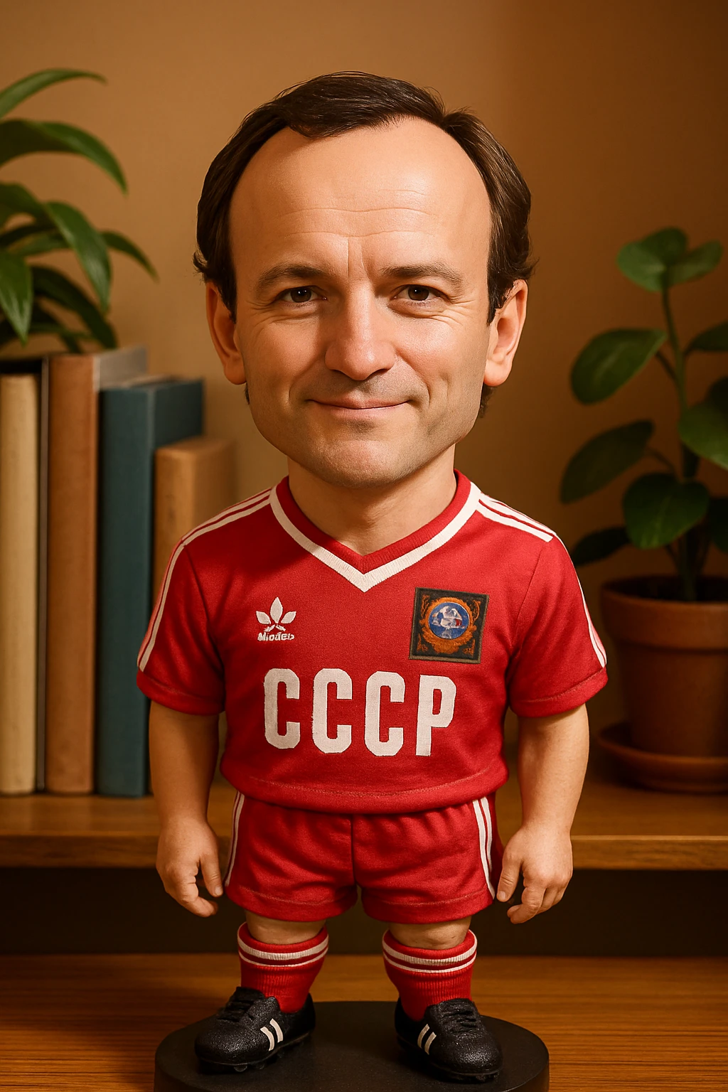 Игорь Беланов в форме сборной СССР 1986 года смотрит на прямо на зрителя и слегка улыбается, освещение с левой верхней стороны кадра emoji