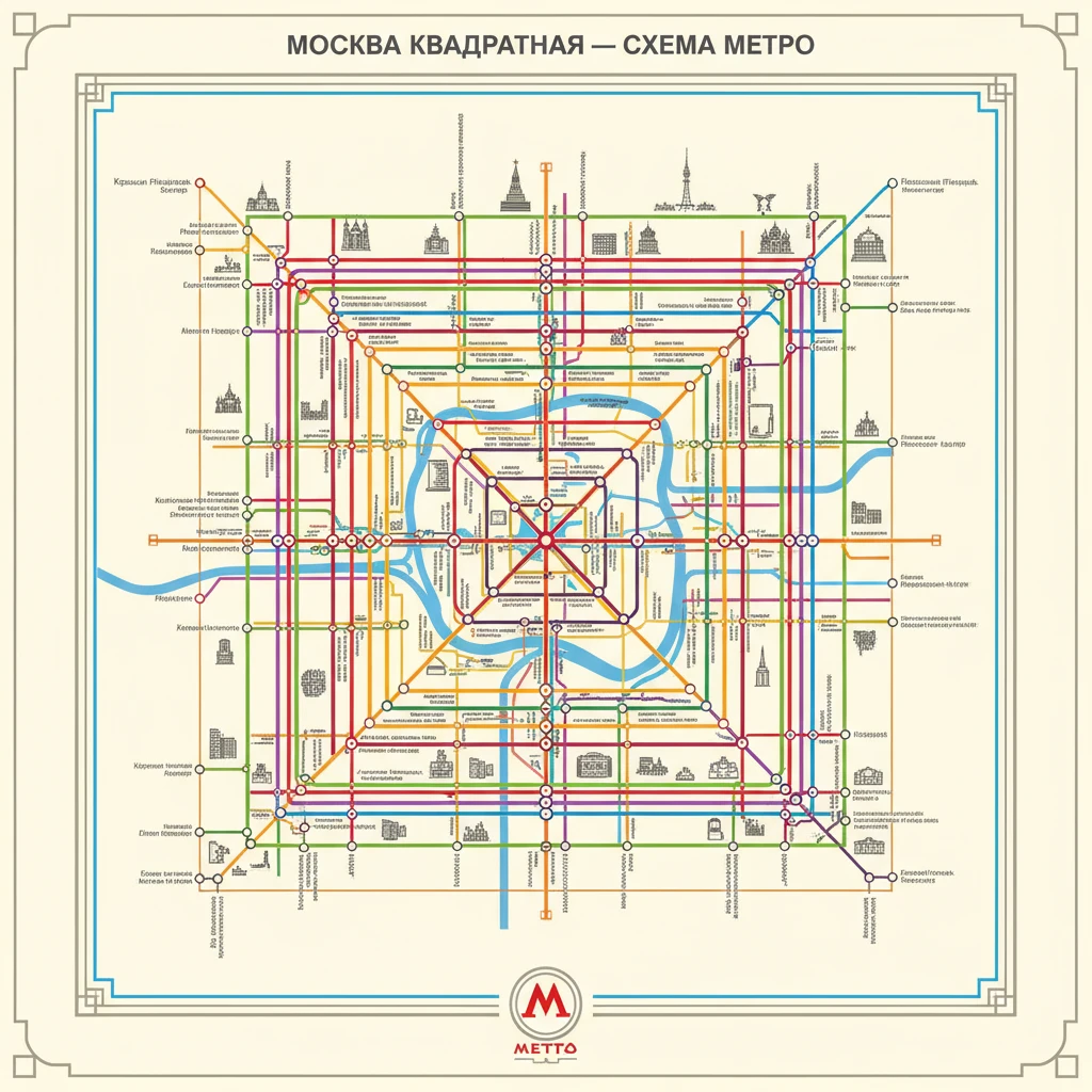 Схема Москвы в стиле московского метро, но если бы Москва была полностью квадратной emoji