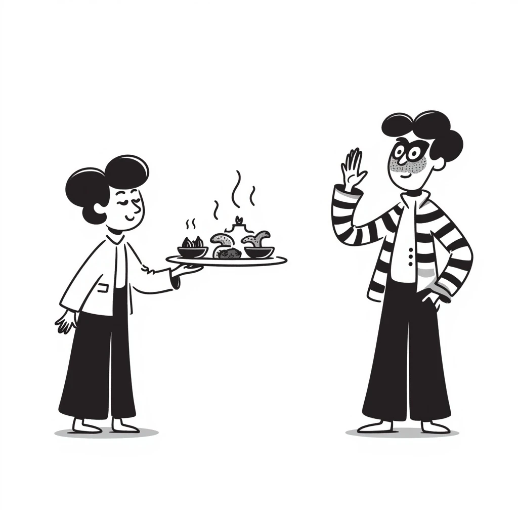playful doodle illustration of 'Tung tung iftar' and 'bobrito bandito' together, featuring whimsical hand-drawn elements, black doodle style emoji