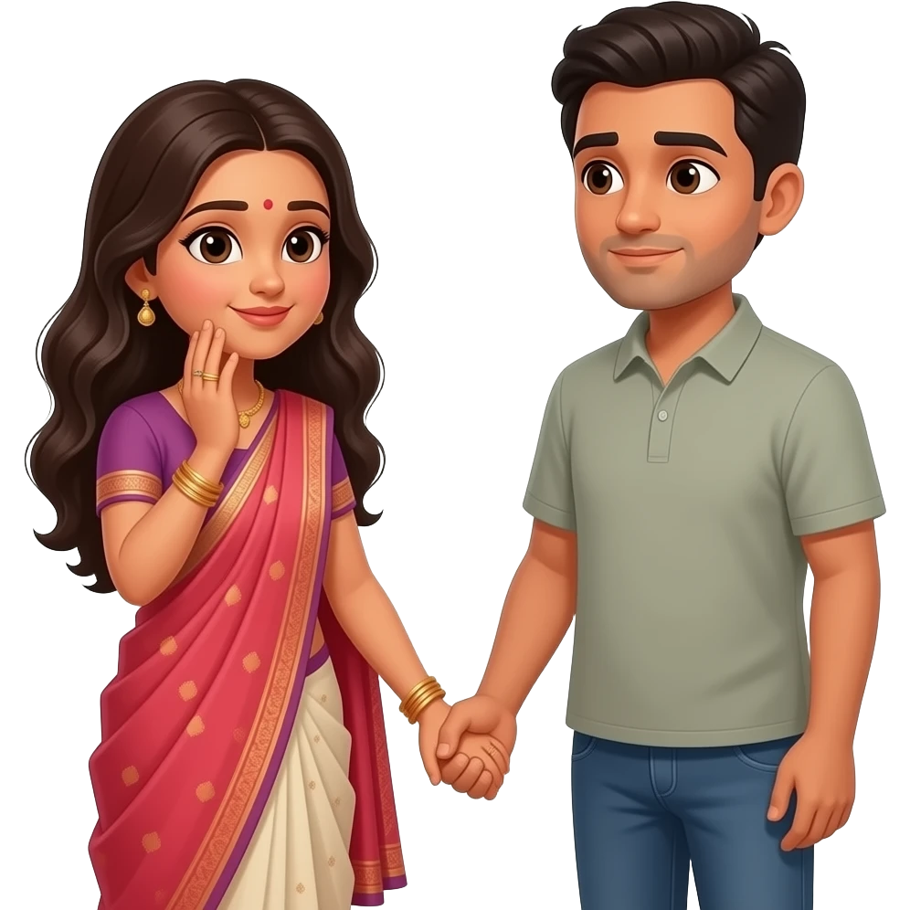 Similar image of long haired Indian woman holding husband hands shyly emoji