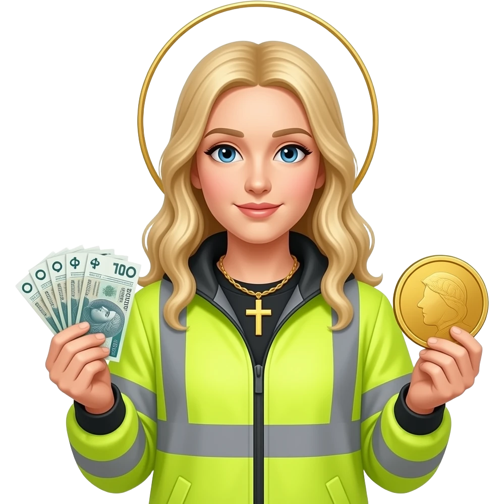 blond virgin marry with gloden cross necklace in neon yellow highviz clothes with a polski złoty bank notes in hand and in left hand a golden coin emoji