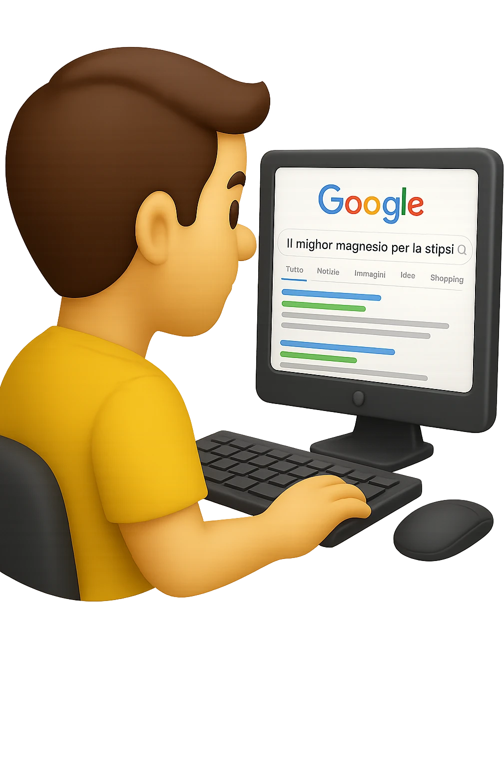 emoji stile iphone di un uomo davanti al pc che cerca di google: "Il miglior magnesio per la stipsi", iperrealistico 4k emoji