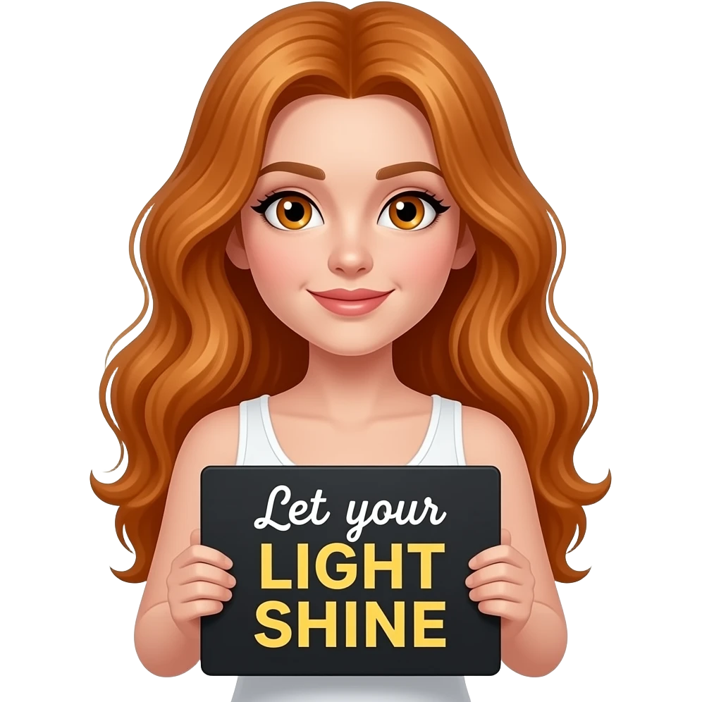 sexy girl with long wavy ginger hair and ginger eyes wearing a white tanktop and is holding a black sign with Let your LIGHT SHINE written on it emoji