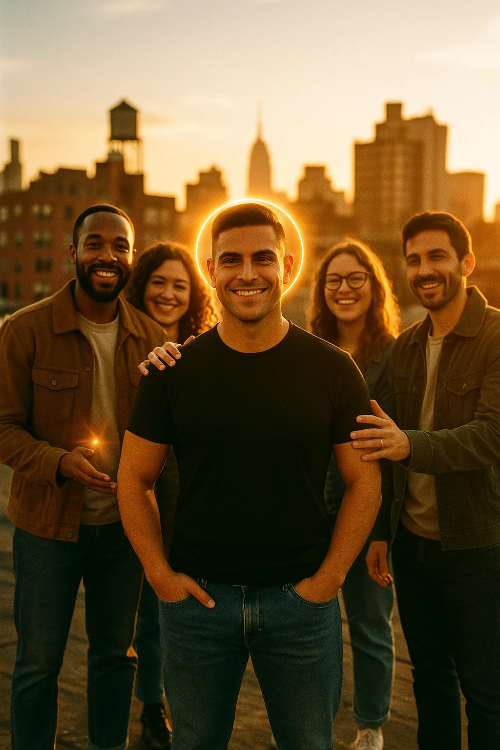 A cinematic scene of a man in his early 30s standing at the center of a sunlit urban rooftop during golden hour, surrounded by a diverse group of supportive, smiling people — friends, mentors, colleagues. They’re standing slightly behind or beside him, hands on his shoulder or gesturing toward him with encouragement. The man looks forward with a confident, inspired expression, body slightly relaxed, as if something inside di lui sta cambiando. The light behind the group forms a halo effect, emphasizing warmth and unity. Subtle visual symbolism: faint glow around their hands and hearts, suggesting their energy is uplifting him. Realistic clothing, modern style — jeans, T-shirts, casual jackets. The mood is inspiring, grounded, and full of potential. Shot in 35mm film style, with rich warm tones, shallow depth of field, and vibrant human detail. emoji