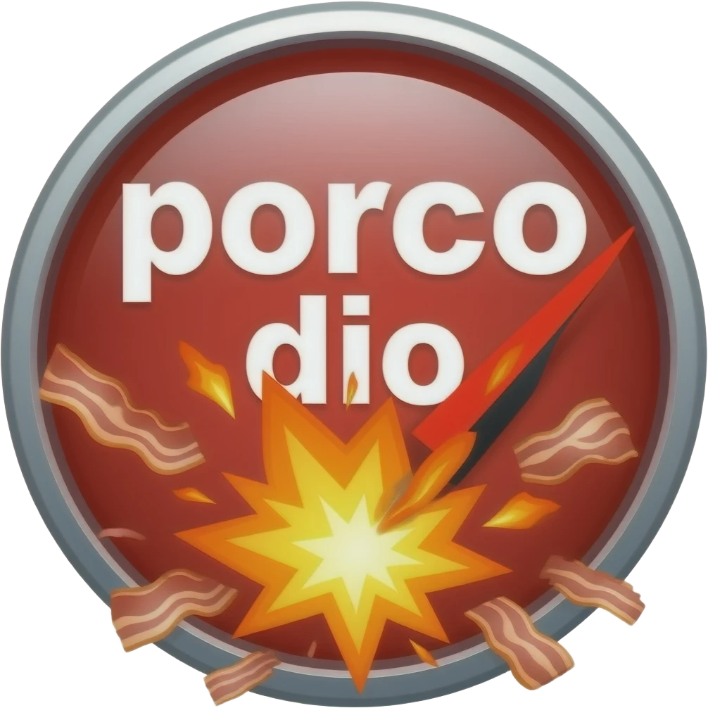text large font size "porco dio", on a meter, no values, only white to red display, meter to the max red, explosion, fire, bacon emoji