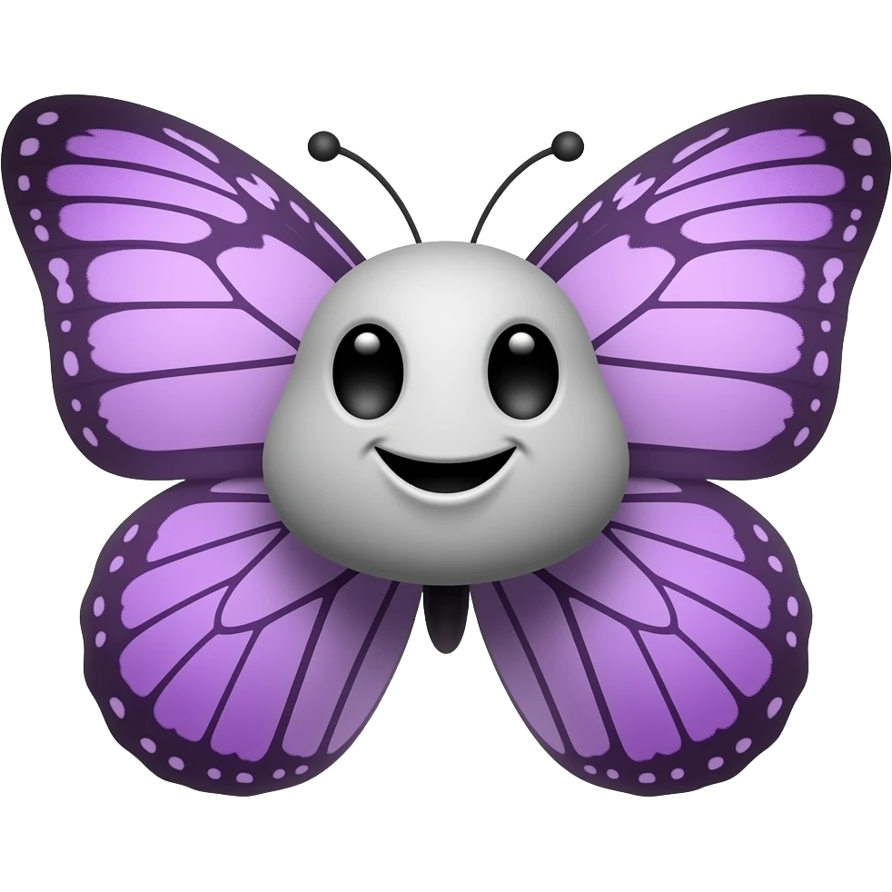 Милая озорная мордочка бабочки с фиолетовыми крыльями, смотрит вправо, улыбается emoji