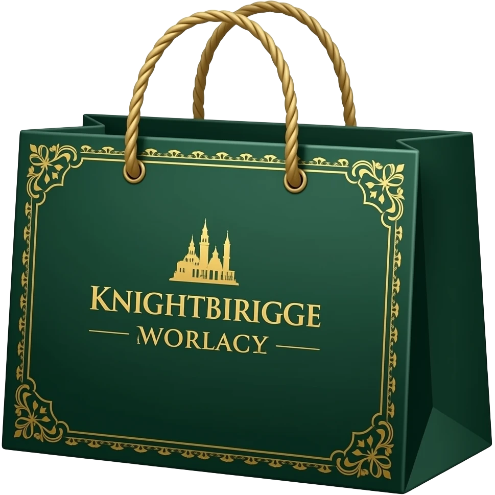 Luxury department store shopping bag inspired by Knightsbridge, isolated, centered, no background, deep green and gold details, elegant upscale London shopping aesthetic emoji