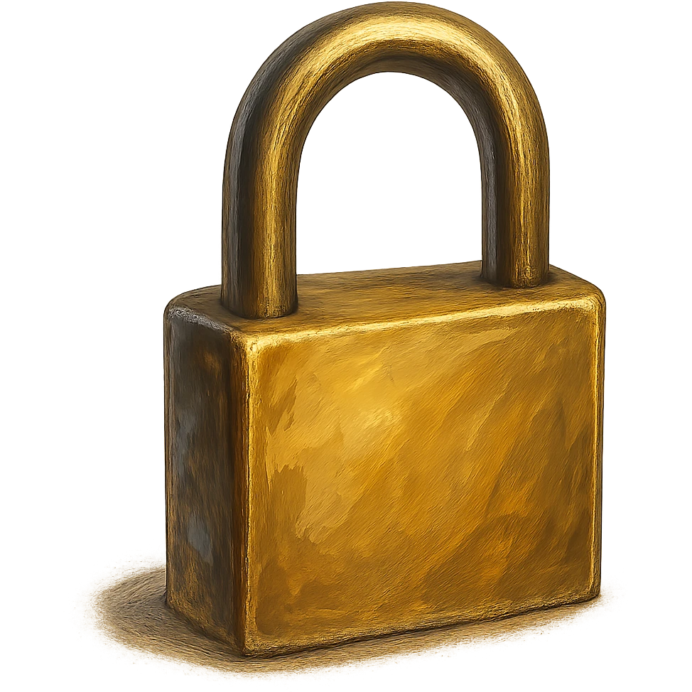 В cлегка рисованной, но при этом объемной и яркой стилистике сгенерируй картинку фотореалистичного золотого замка (замок который для ключей), прозрачный фон emoji