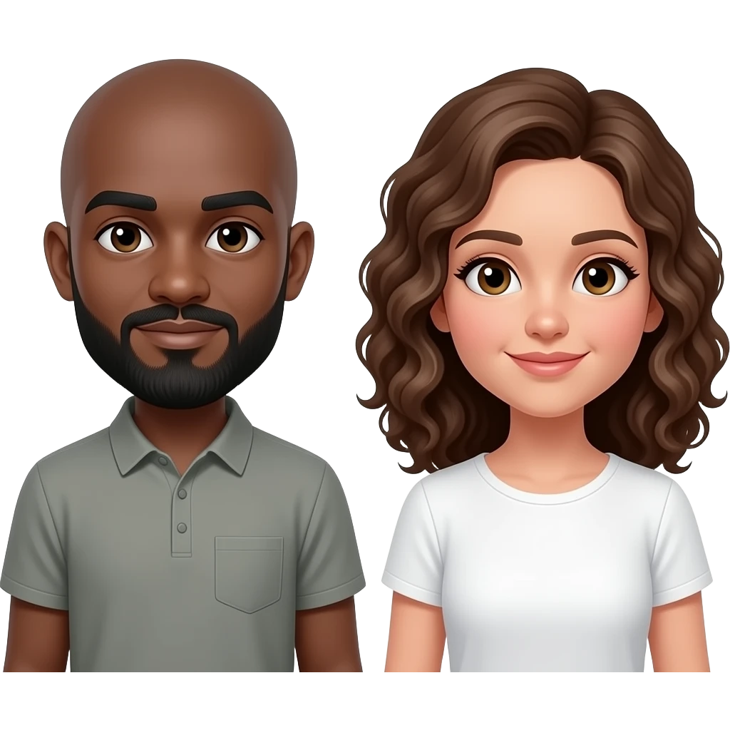 Black, bald, Muslim man with NO mustache, ONLY bearded with white brown curly haired female emoji