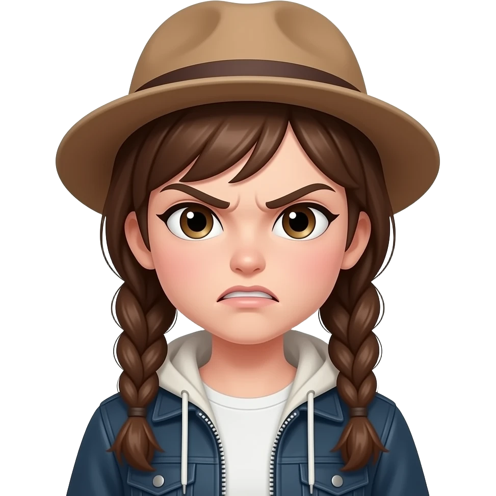 angry girl with hat and brown hairs braid wear jacket with half body close up emoji
