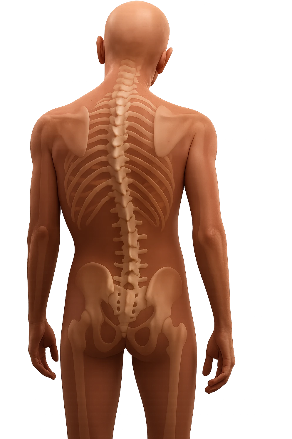 un corpo umano anatomico con spina dorsale anatomica realistica in evidenza e postura storta, iperrealistico 4k emoji
