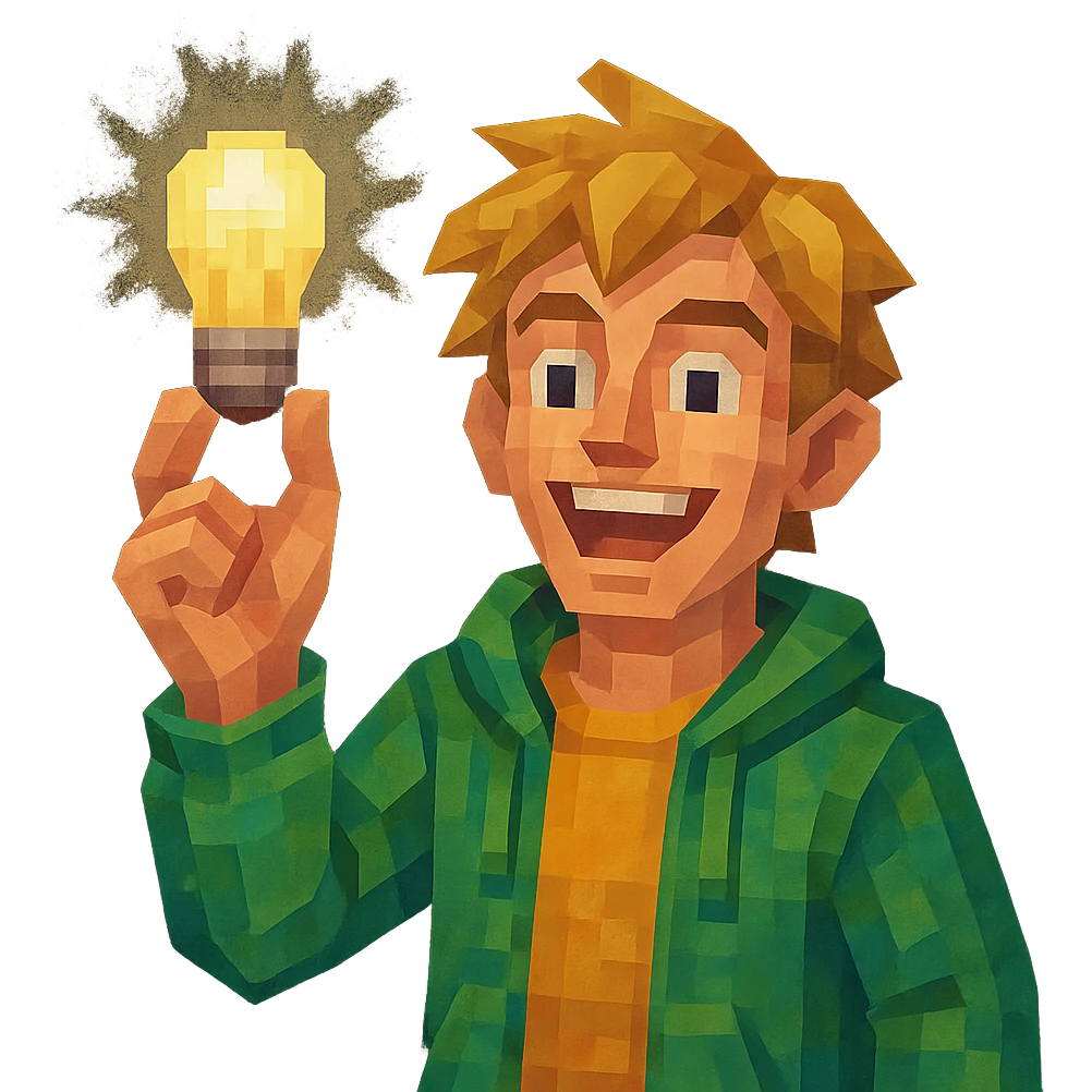 bright and expressive male visionary, fair skin, tousled golden hair, wide joyful eyes, wearing a green hoodie over a yellow tee, one hand raised with a glowing lightbulb, waist-up, front-facing emoji